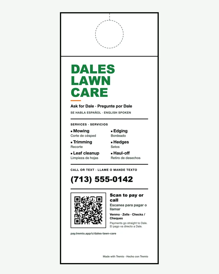 A Dale's Lawn Care door hanger with the hole guide, services, phone number and a QR code